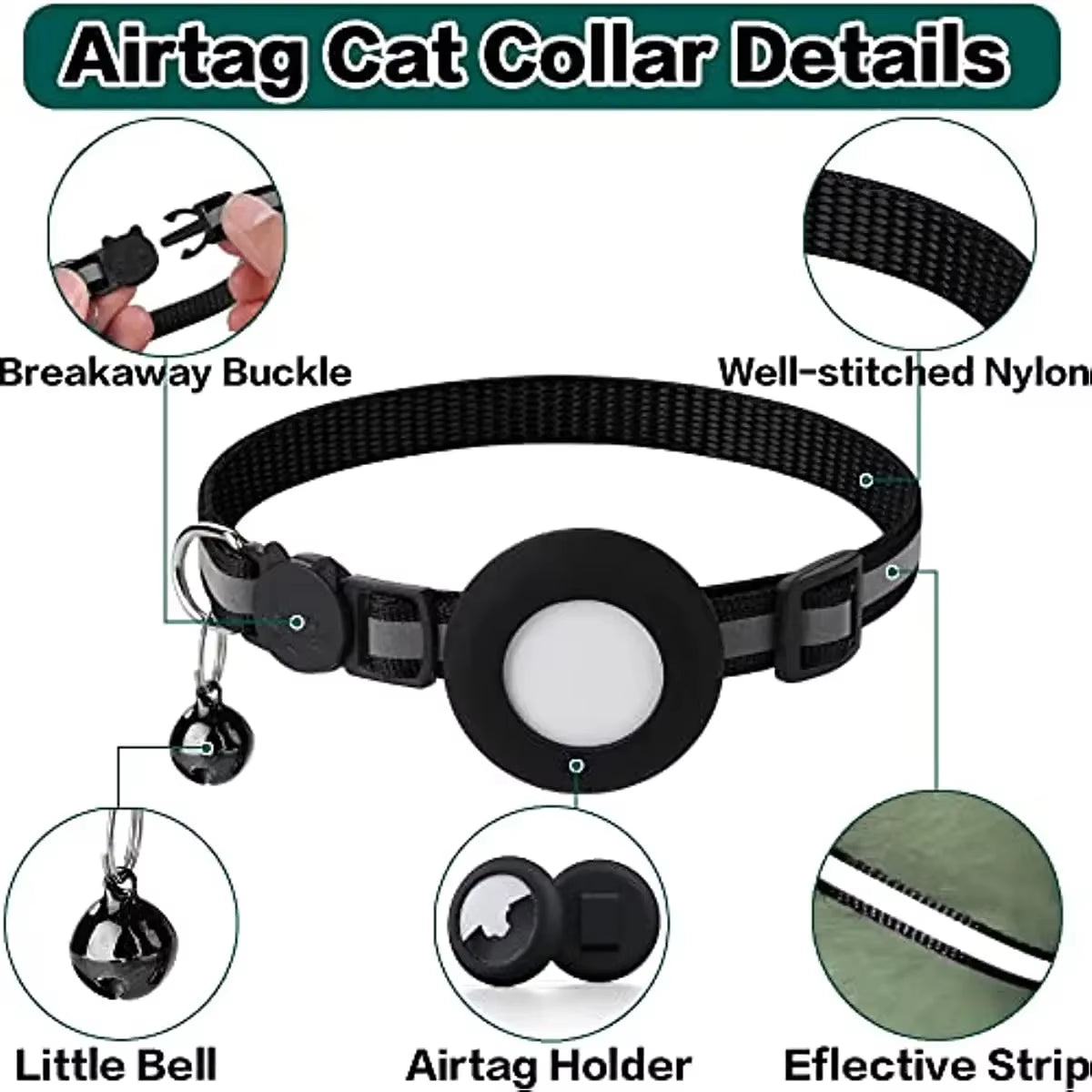 Reflective Breakaway Airtag Cat Collar 0.4Inch Adjustable with Holder Bell for Kitten Small Cat Daily Use without Locator